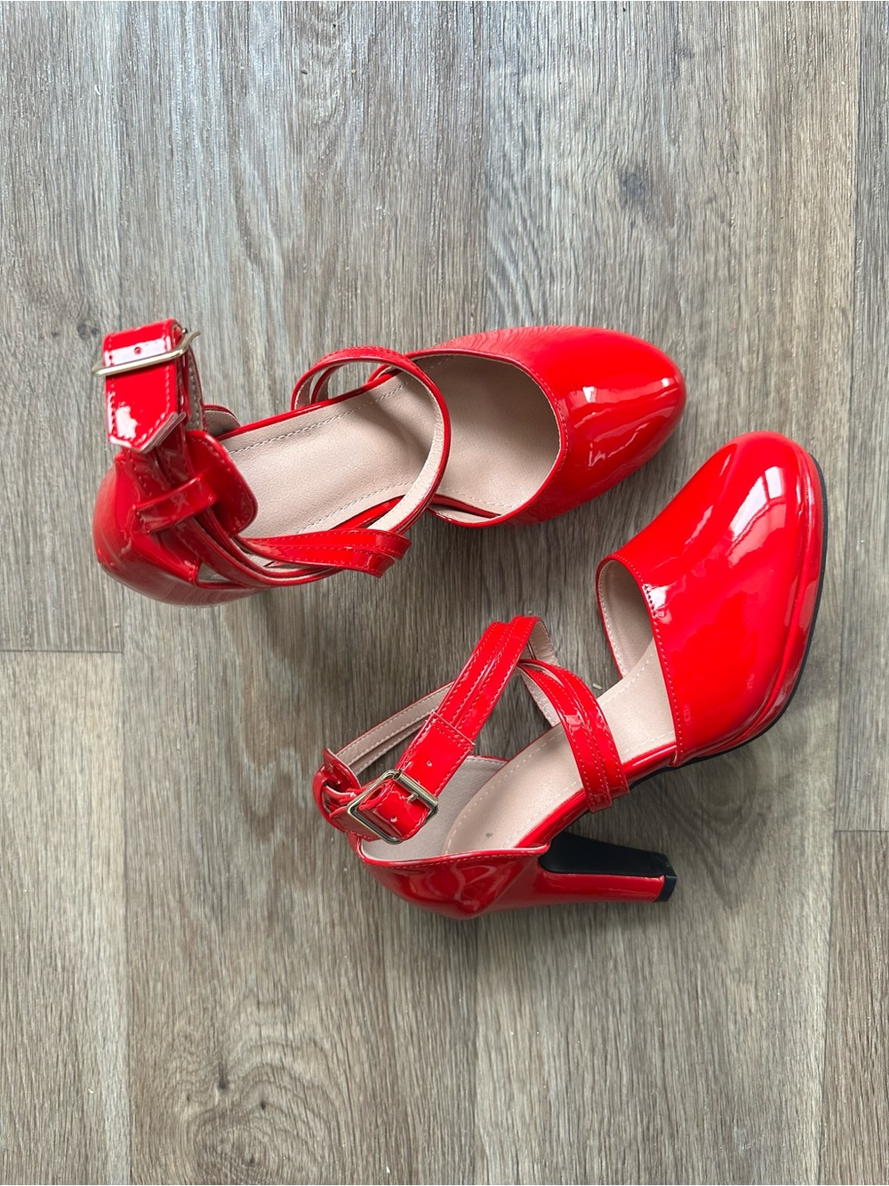 Red Patent Leather Mary Jane Pumps Round Toe Ankle Strap Heels Women’s US 7.5